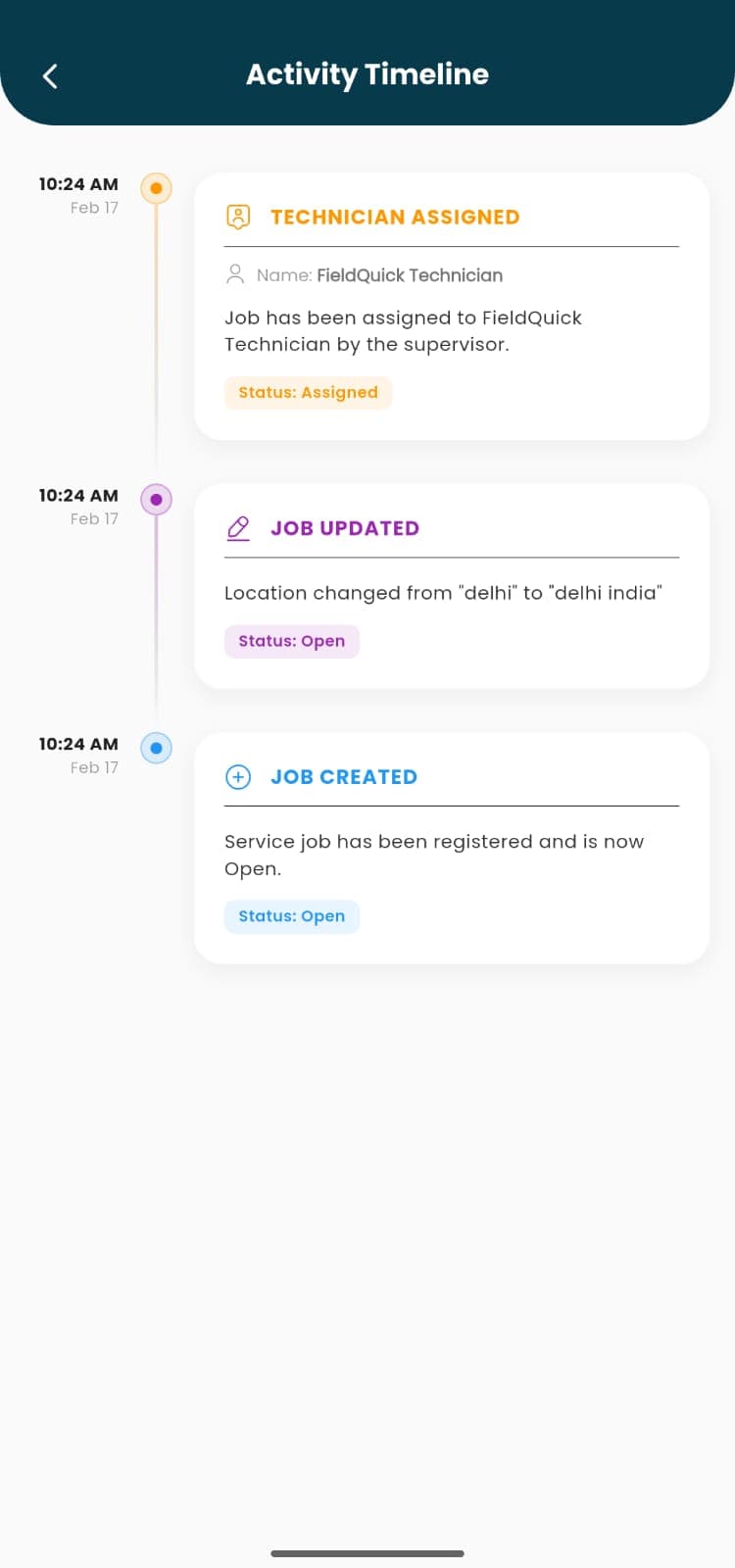Qwickwave Field Service Management technician app showing an automatically logged activity timeline for a job, from creation to technician assignment