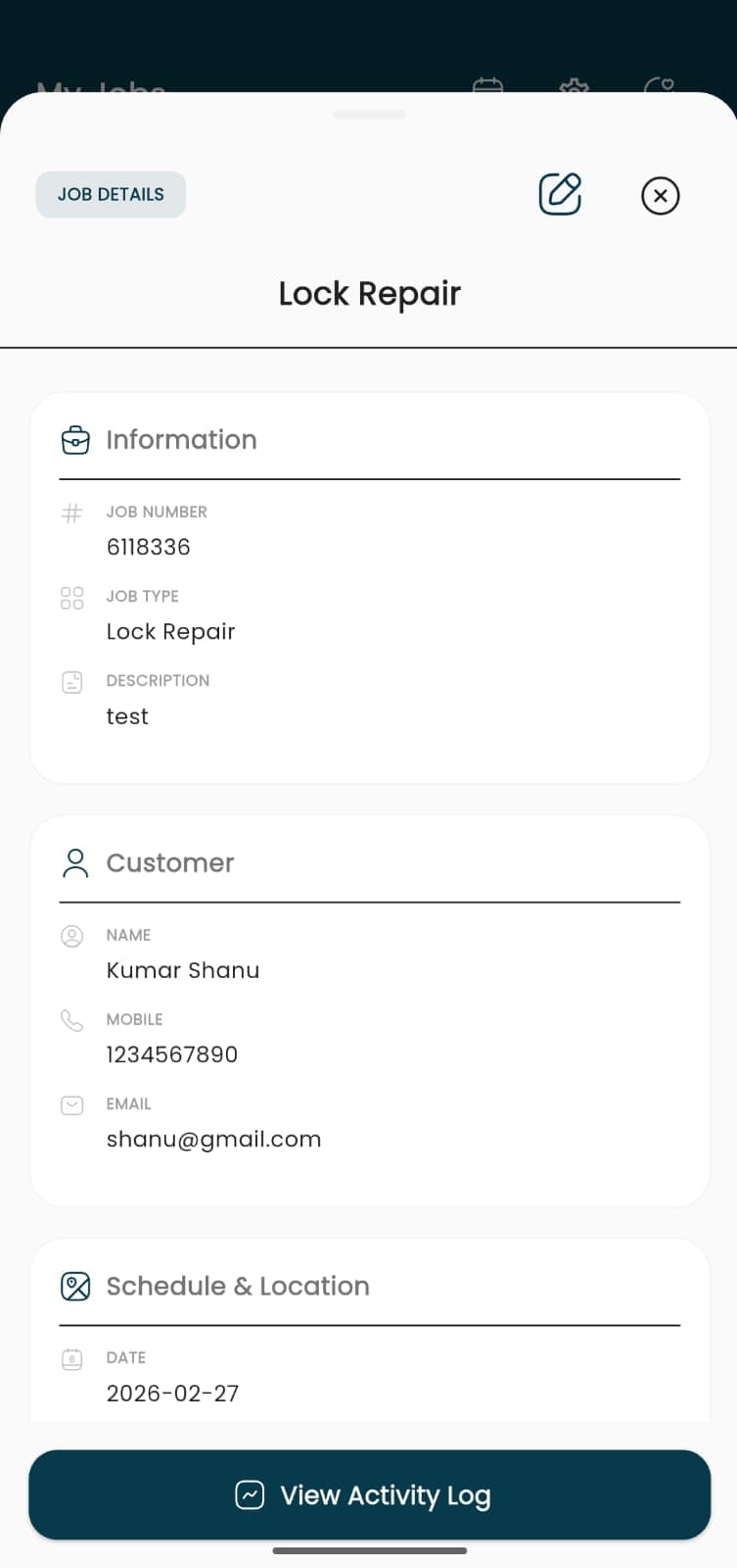Qwickwave Field Service Management technician app showing full job details including job information, customer contact, and schedule