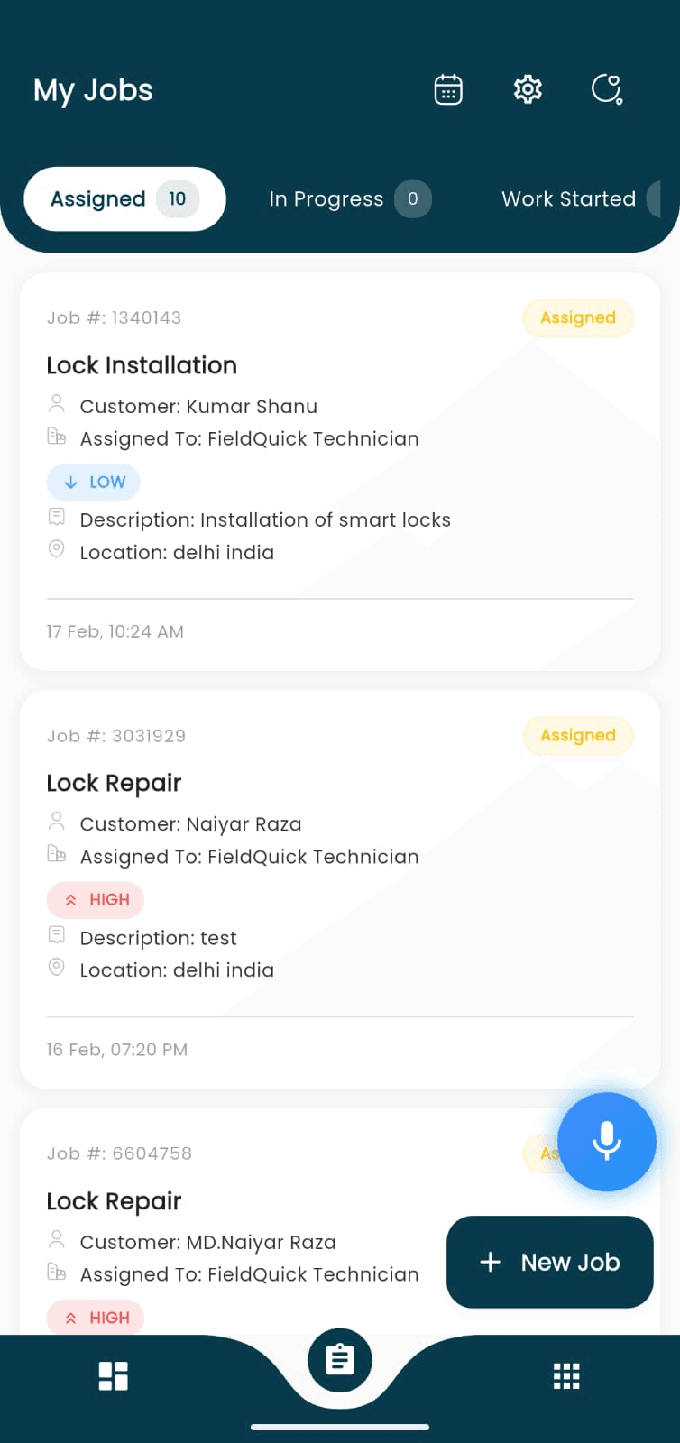 Qwickwave Field Service Management technician app showing the My Jobs list filtered by status, with customer, priority, and location per job